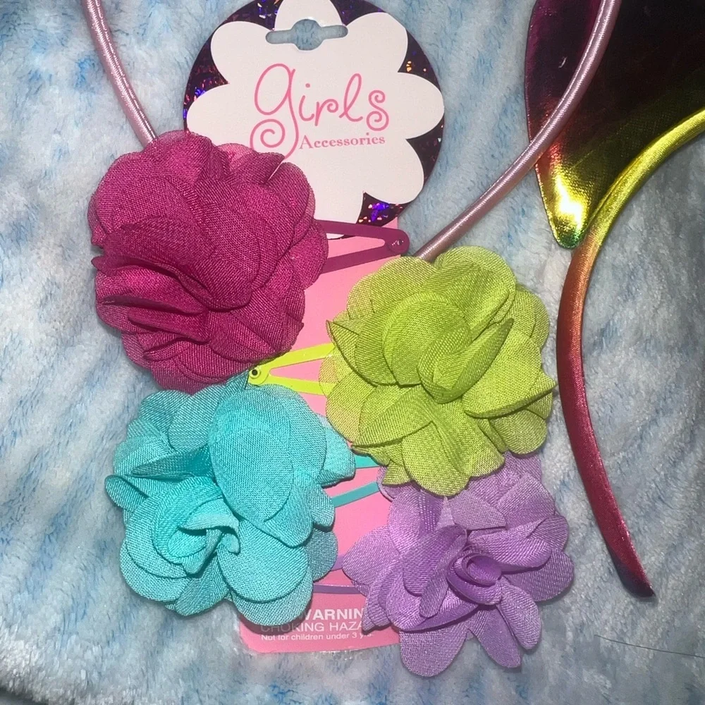 4x pack - pink Unicorn Headband + 4 clips + wolf ears + free rainbow headband.